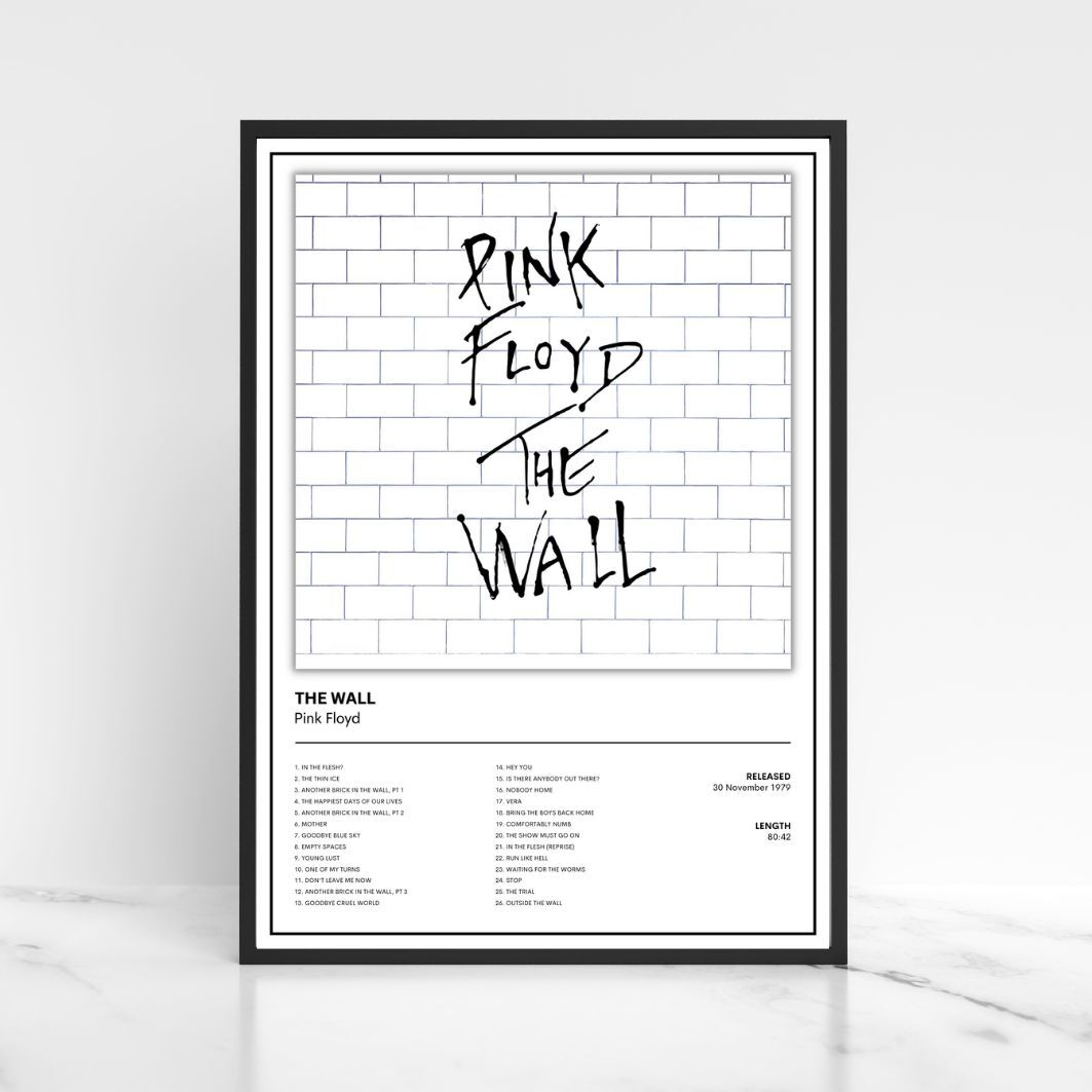 Pink Floyd The Wall album print featuring the legendary brick wall artwork, premium classic rock music poster for home and music room décor.