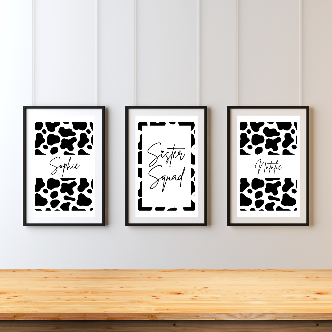 Set of 3 Sister Squad Cow Pattern Print Personalised bedroom Print / Preppy