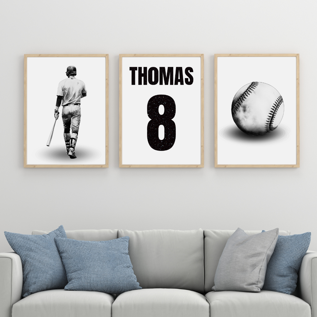 Set of 3 Personalised Baseball Prints Paint Splash Kids Bedroom Prints A5 A4 A3