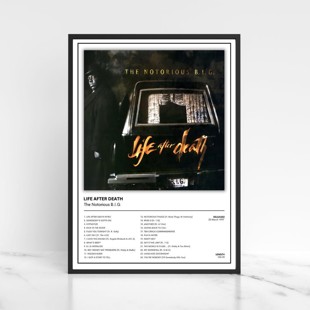 The Notorious B.I.G. Life After Death album print featuring the legendary album artwork, premium East Coast hip hop wall art for music lovers.