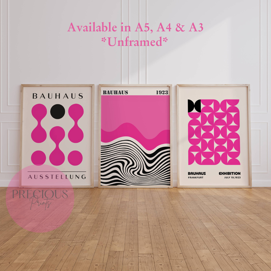Set of 3 Pink Bauhaus Prints A5 A4 A3 Art Exhibition Fuchsia Pink Poster