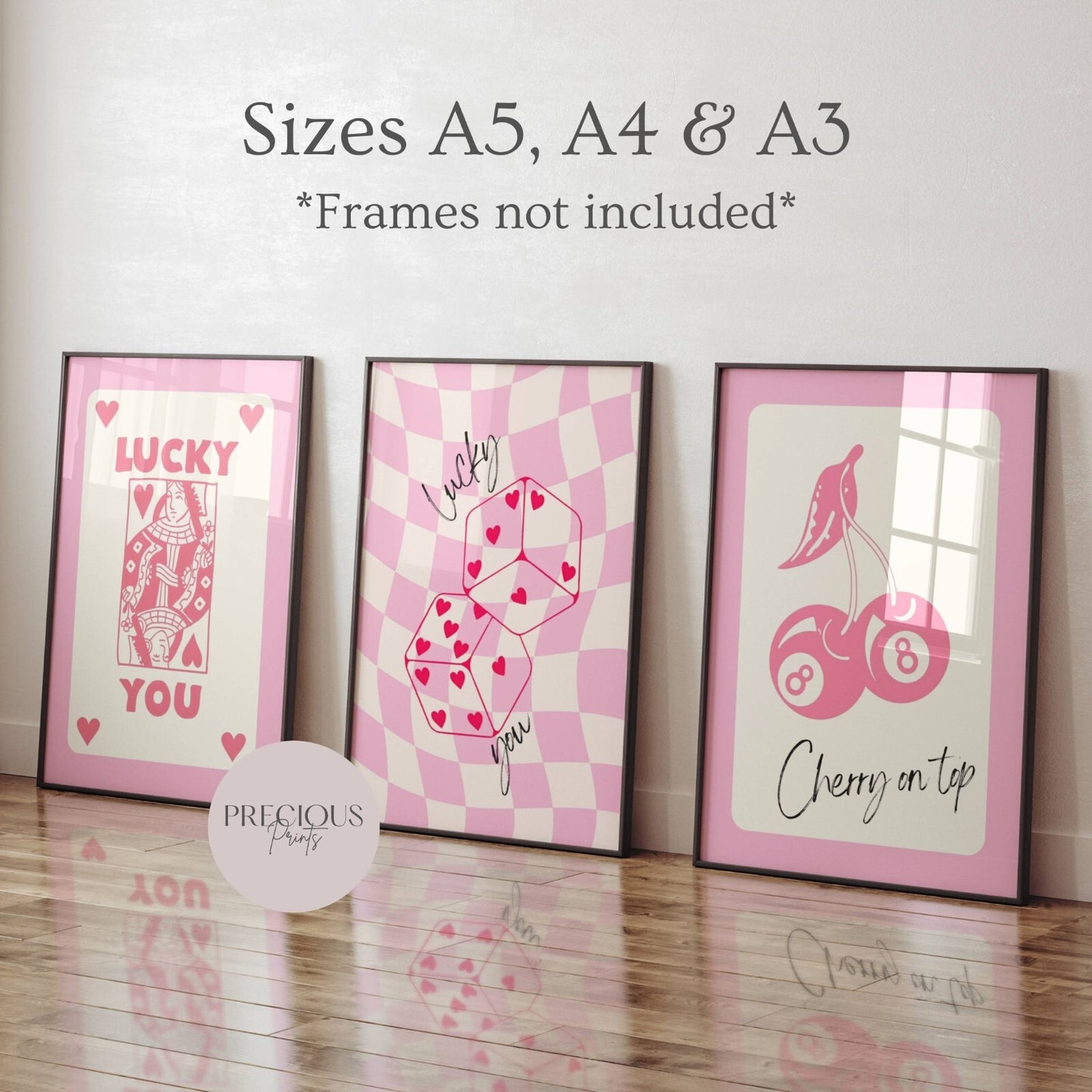 Set of 3 Lucky sevens / Dice / Queen of Hearts Print Preppy Trendy Wall Art