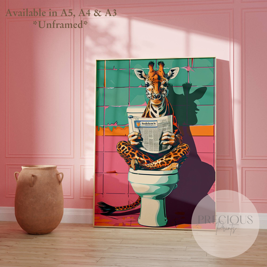 Giraffe on Toilet Print / Funny Art Poster / Humour / Pop Art / Trendy A5 A4 A3
