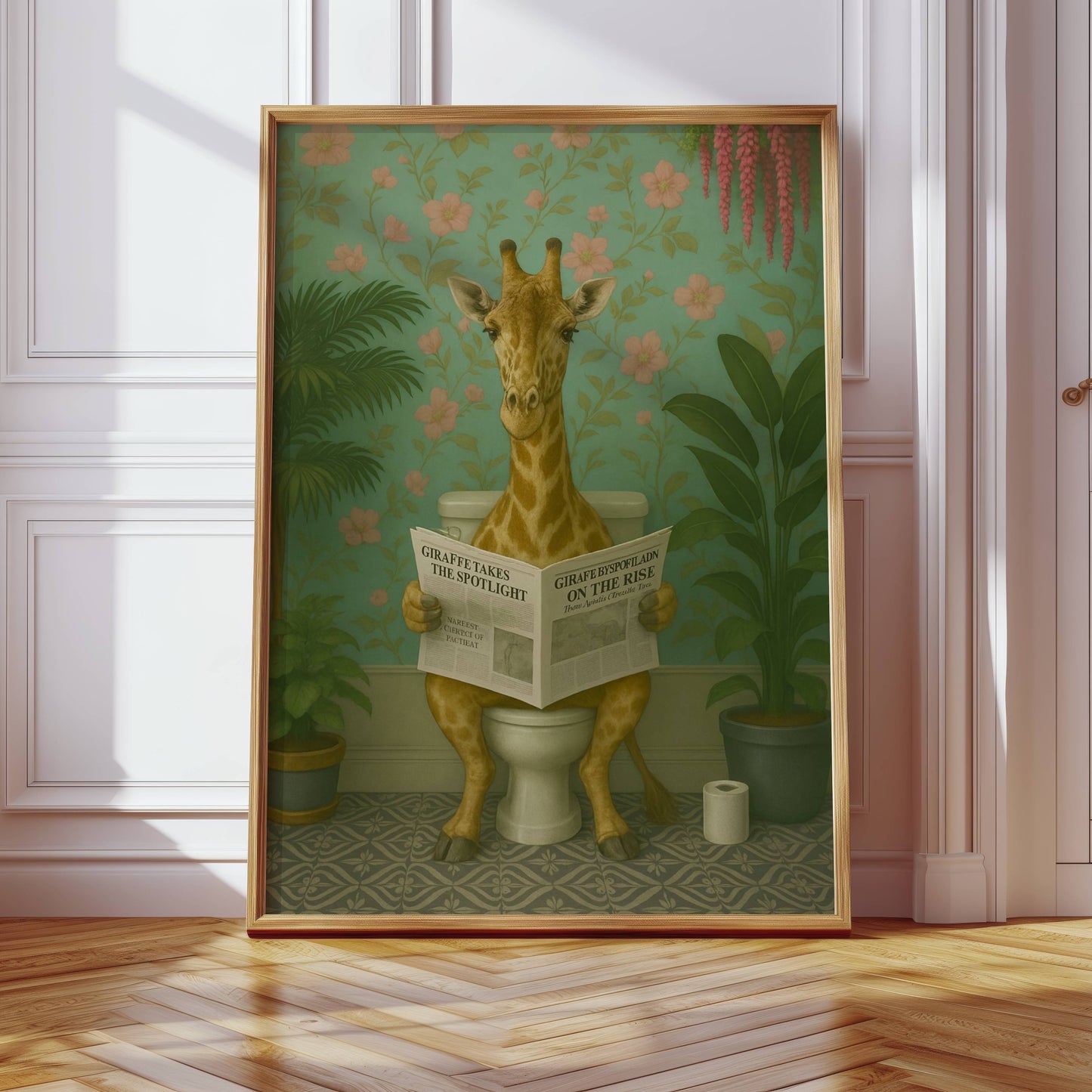 Giraffe Reading a Newspaper on the Toilet