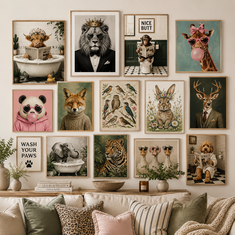 Animal wall art collection featuring wildlife prints, bird wall art, luxury animal portraits, funny bathroom animal prints, preppy animal artwork and botanical animal designs displayed in a modern neutral living room.