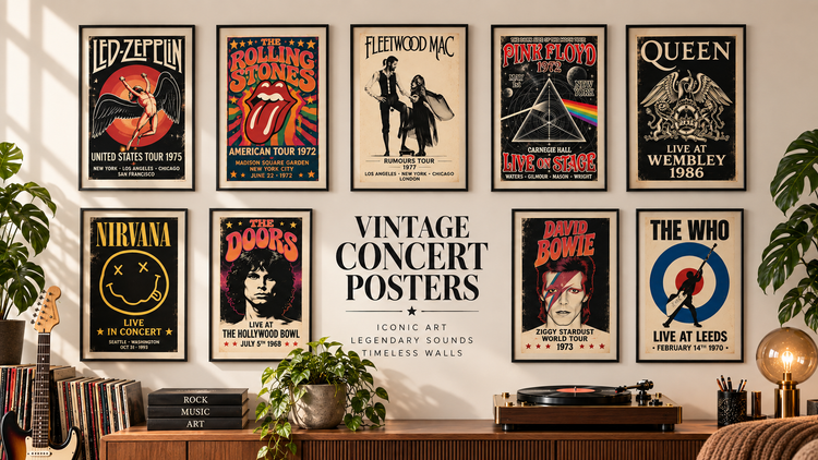 Concert posters collection featuring vintage retro and modern music wall art, band posters and iconic tour prints