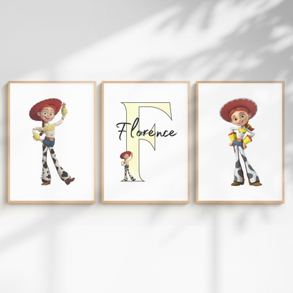 Personalised Jessie prints set of 3 for Toy Story themed girls bedroom nursery or playroom