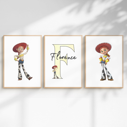 Personalised Jessie prints set of 3 for Toy Story themed girls bedroom nursery or playroom