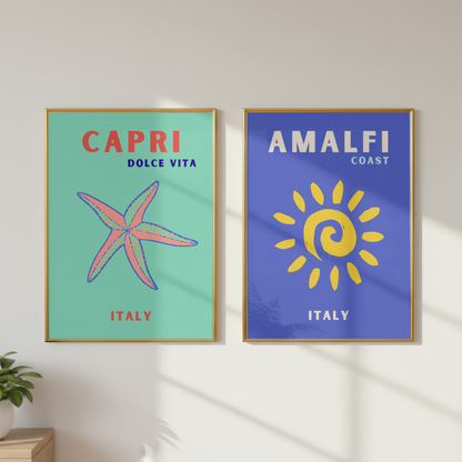 Capri & Amalfi Coast Travel Print Set of 2 | Italian Coastal Wall Art