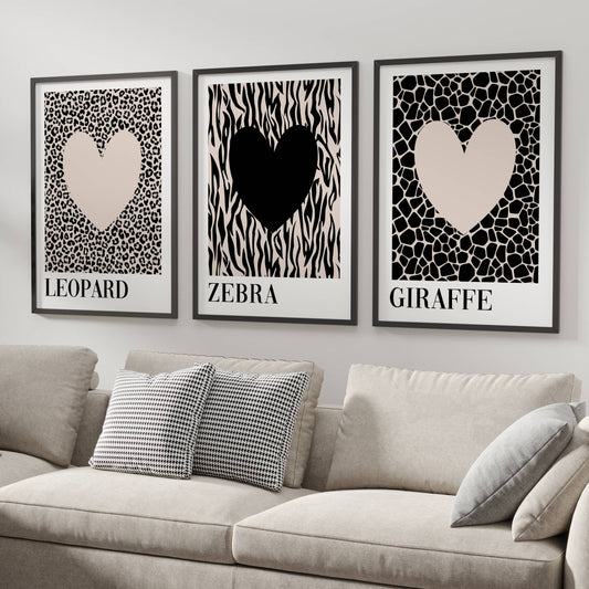 Set of 3 Leopard Zebra Giraffe Heart Prints