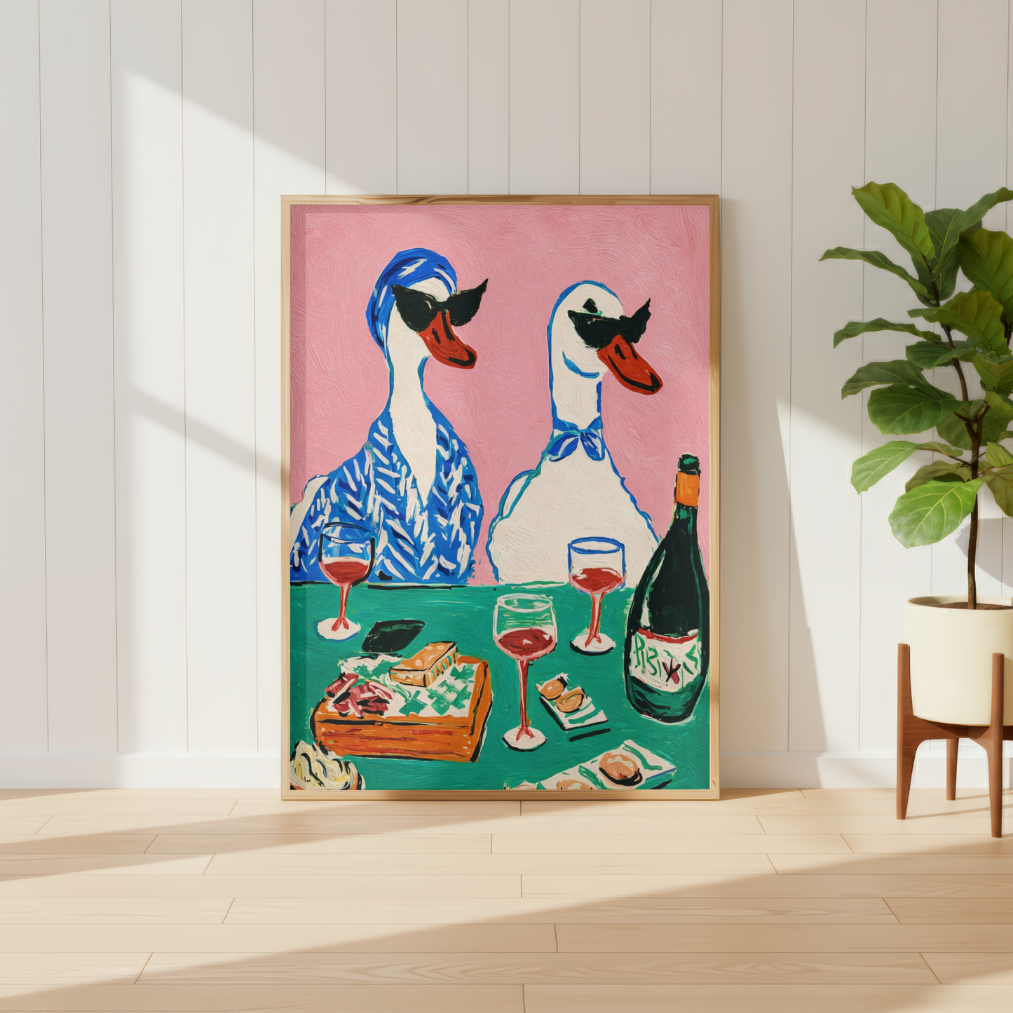 Funny Ducks Drinking Wine Wall Art Print