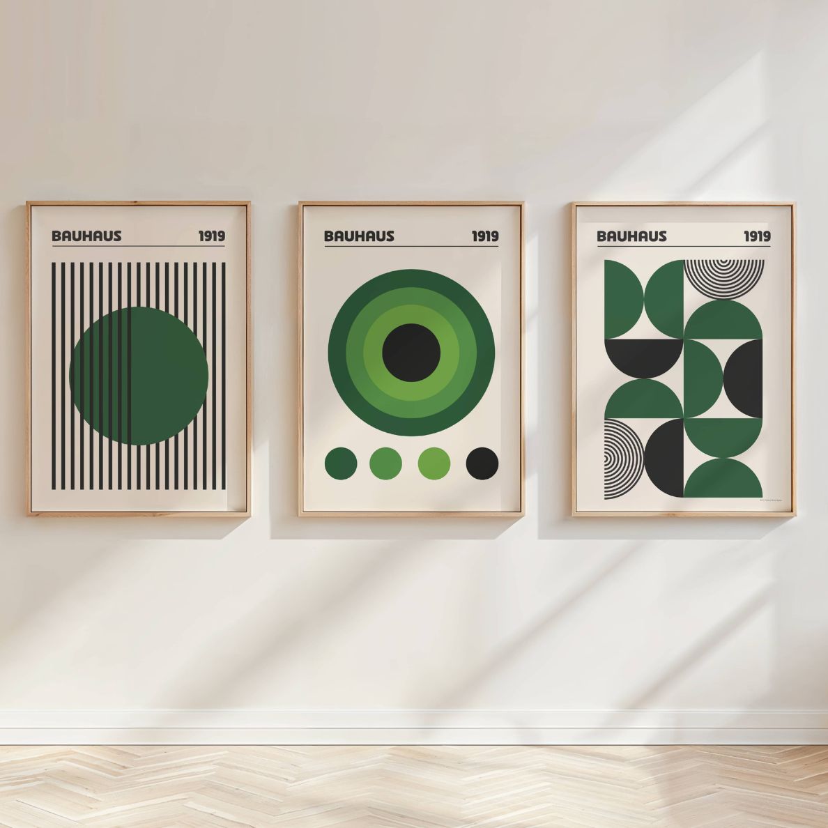 Set of 3 Green Circles & Stripes Bauhaus Prints