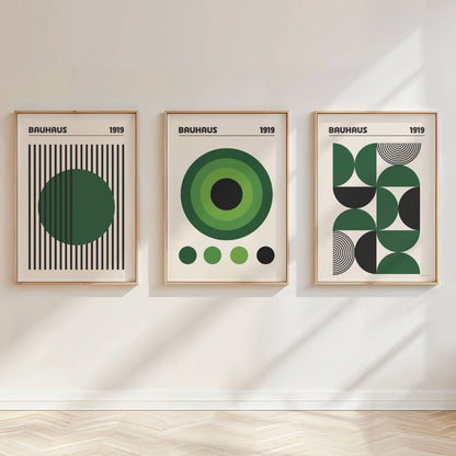 Set of 3 Green Circles & Stripes Bauhaus Prints
