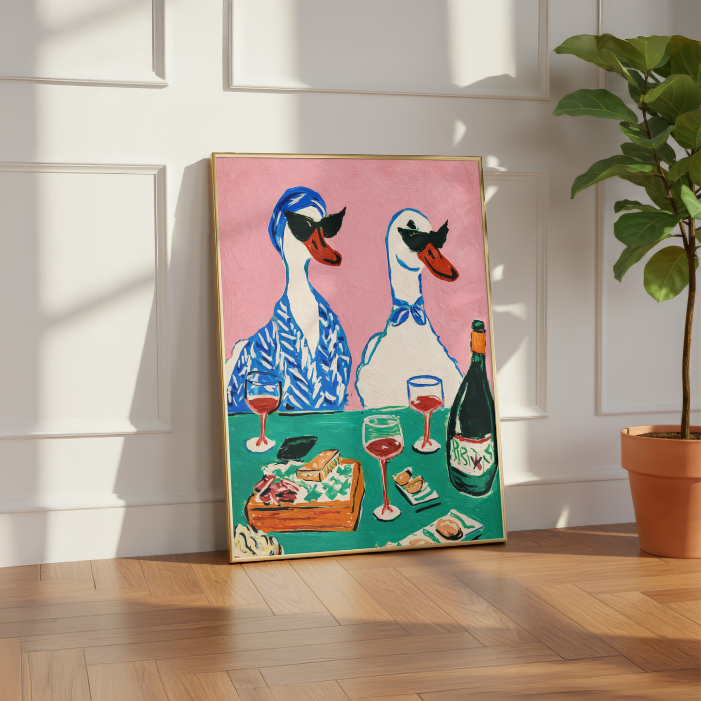 Funny Ducks Drinking Wine Wall Art Print