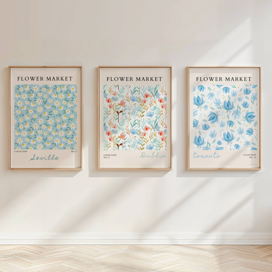 Blue Flower Market Wall Art Set | Botanical Floral Prints