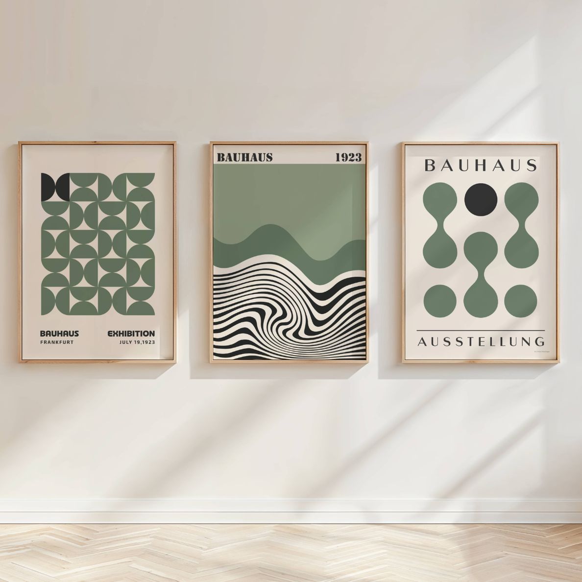 Set of 3 Green Dots & Waves Bauhaus Prints