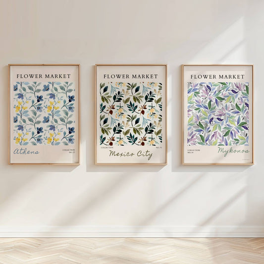 Set of 3 Blue Flower Market Prints