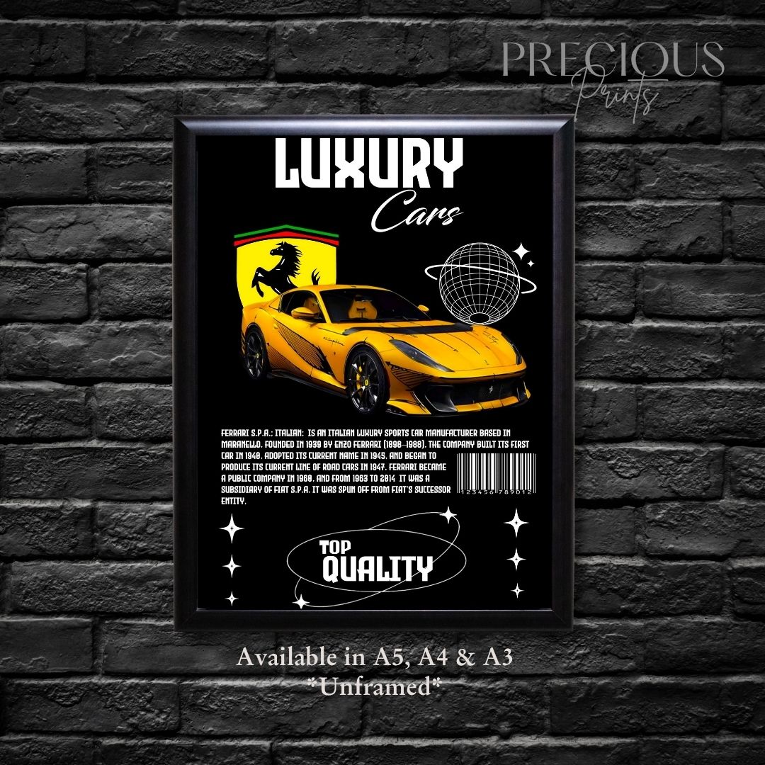 Yellow Ferrari S.P.A Italian Sports Car Poster