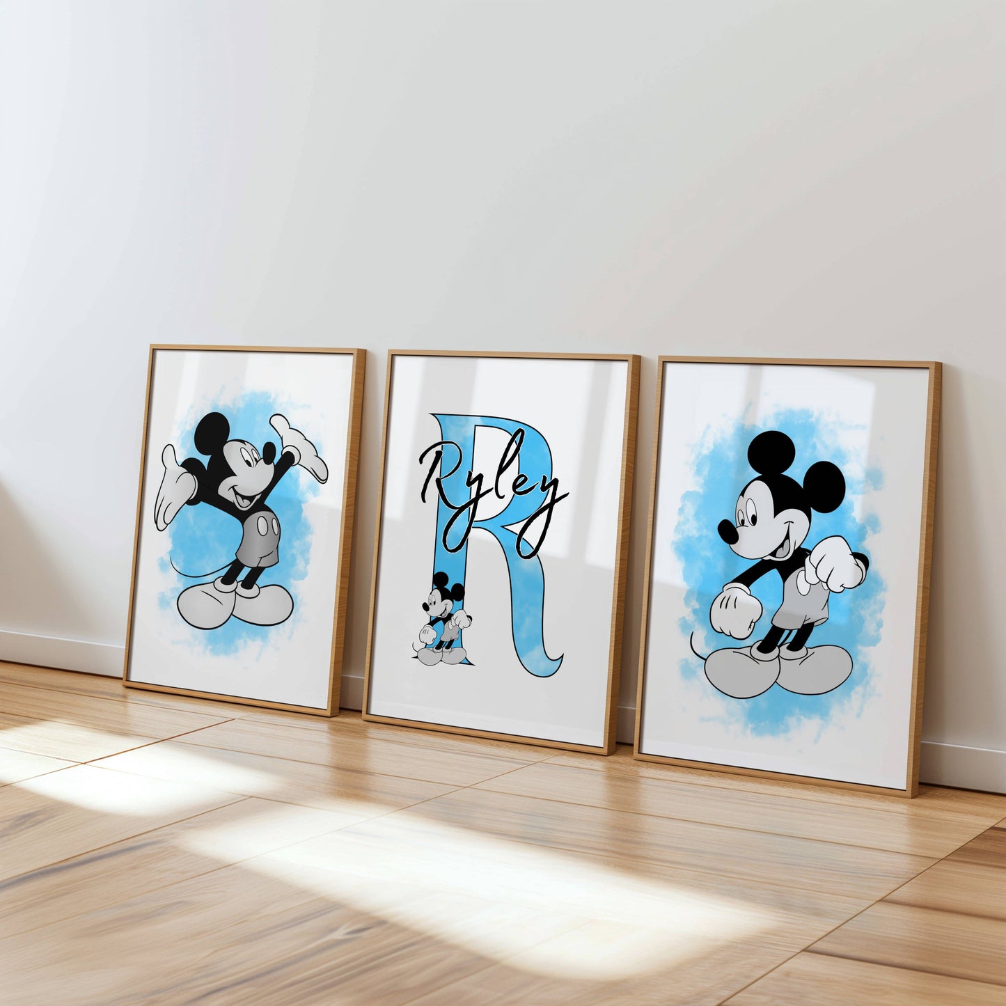 Personalised Mouse Nursery Print Set of 3 Blue Baby Bedroom Wall Art