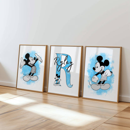 Personalised Mouse Nursery Print Set of 3 Blue Baby Bedroom Wall Art