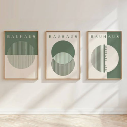 Set of 3 Green Circles & Stripes Bauhaus Prints