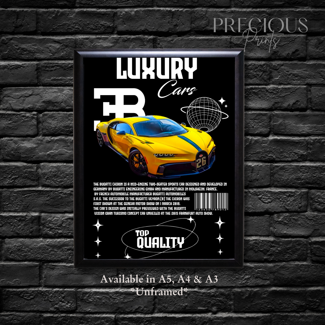 Yellow Bugatti Chiron Sports Car Poster