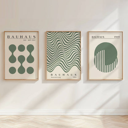 Set of 3 Sage Green Waves, Dots & Circles Bauhaus Prints