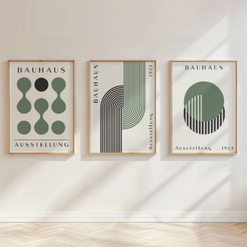 Set of 3 Green Circles, Dots & Abstract Bauhaus Prints