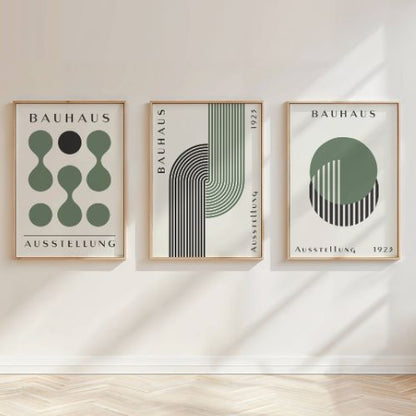 Set of 3 Green Circles, Dots & Abstract Bauhaus Prints