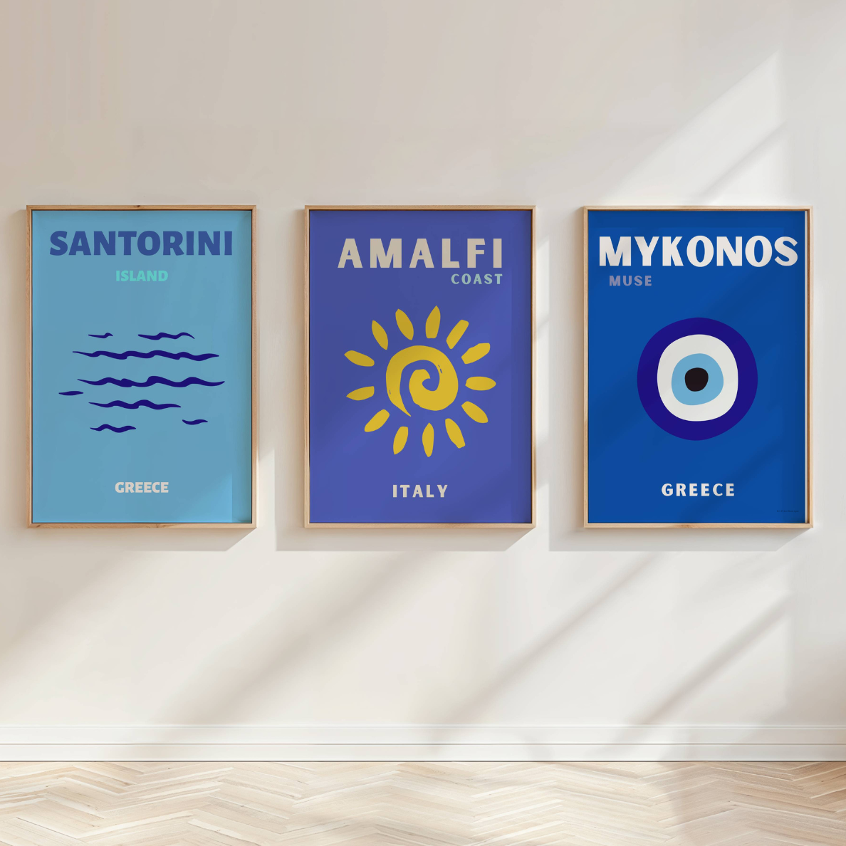 Set of 3 Blue Travel Prints| Mykonos Santorini Amalfi