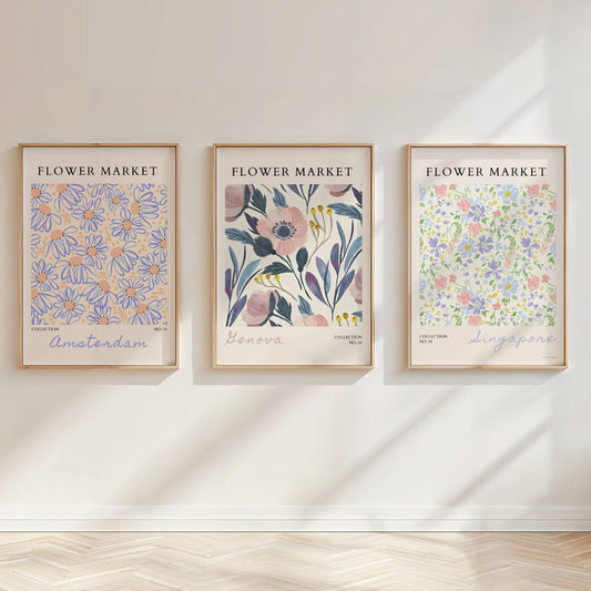 Set of 3 Blue Flower Market Prints