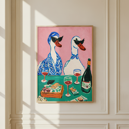 Funny Ducks Drinking Wine Wall Art Print