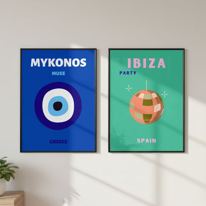 Ibiza & Mykonos Travel Print Set of 2 | Mediterranean Wall Art Posters