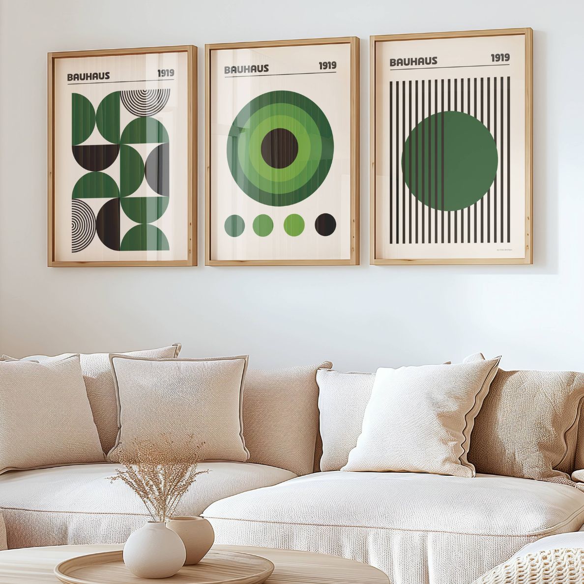 Set of 3 Green Circles & Stripes Bauhaus Prints