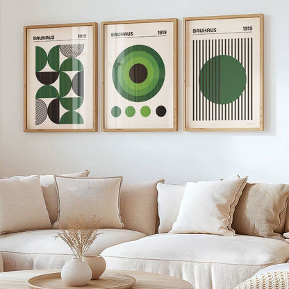 Set of 3 Green Circles & Stripes Bauhaus Prints