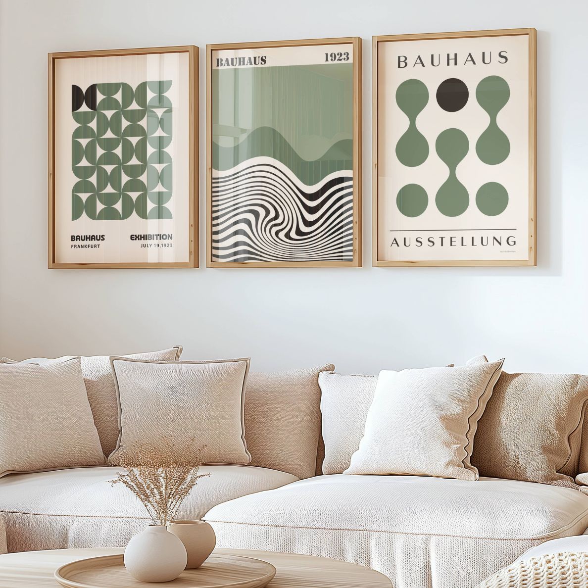 Set of 3 Green Dots & Waves Bauhaus Prints