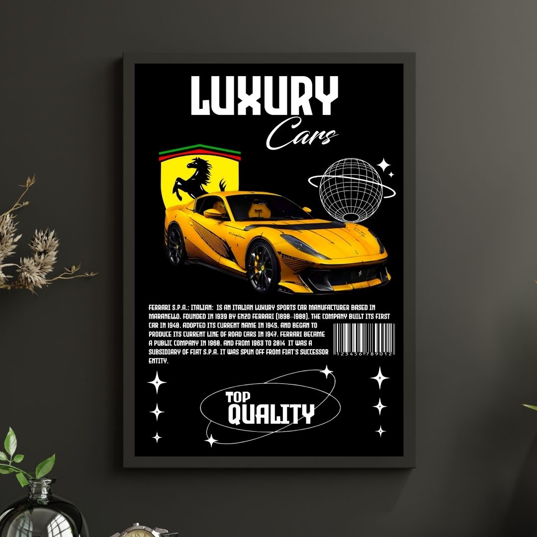 Yellow Ferrari S.P.A Italian Sports Car Poster