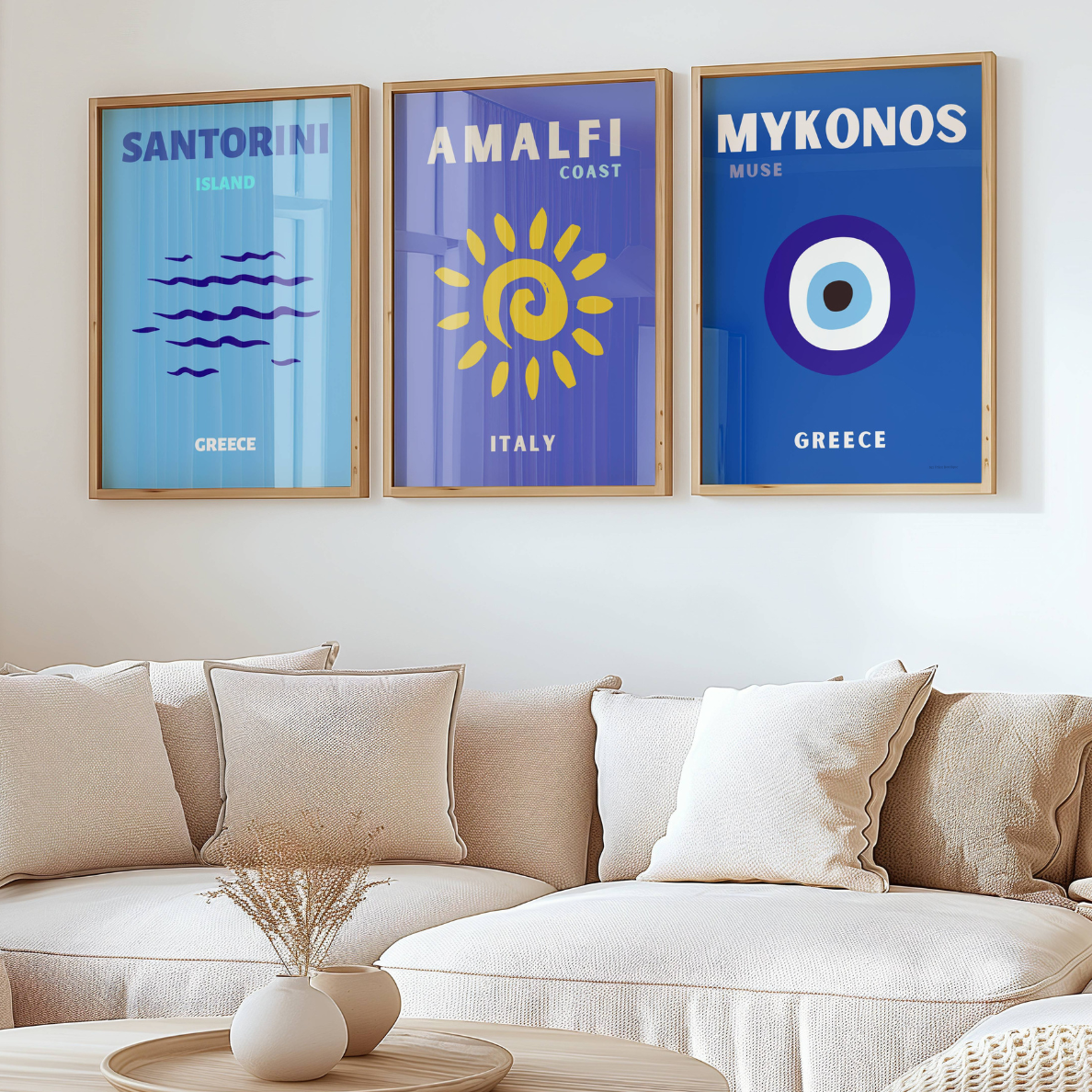 Set of 3 Blue Travel Prints| Mykonos Santorini Amalfi