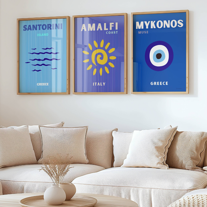 Set of 3 Blue Travel Prints| Mykonos Santorini Amalfi