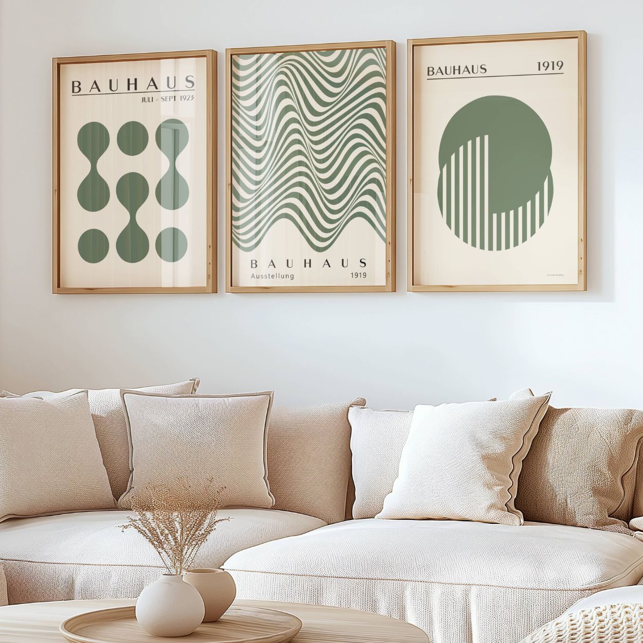 Set of 3 Sage Green Waves, Dots & Circles Bauhaus Prints