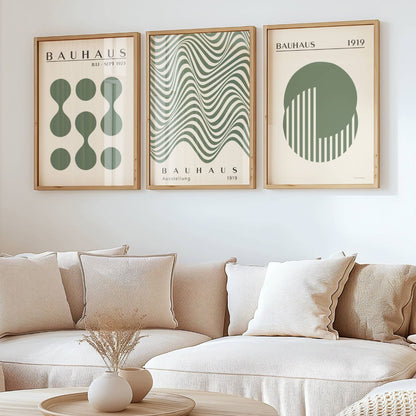 Set of 3 Sage Green Waves, Dots & Circles Bauhaus Prints
