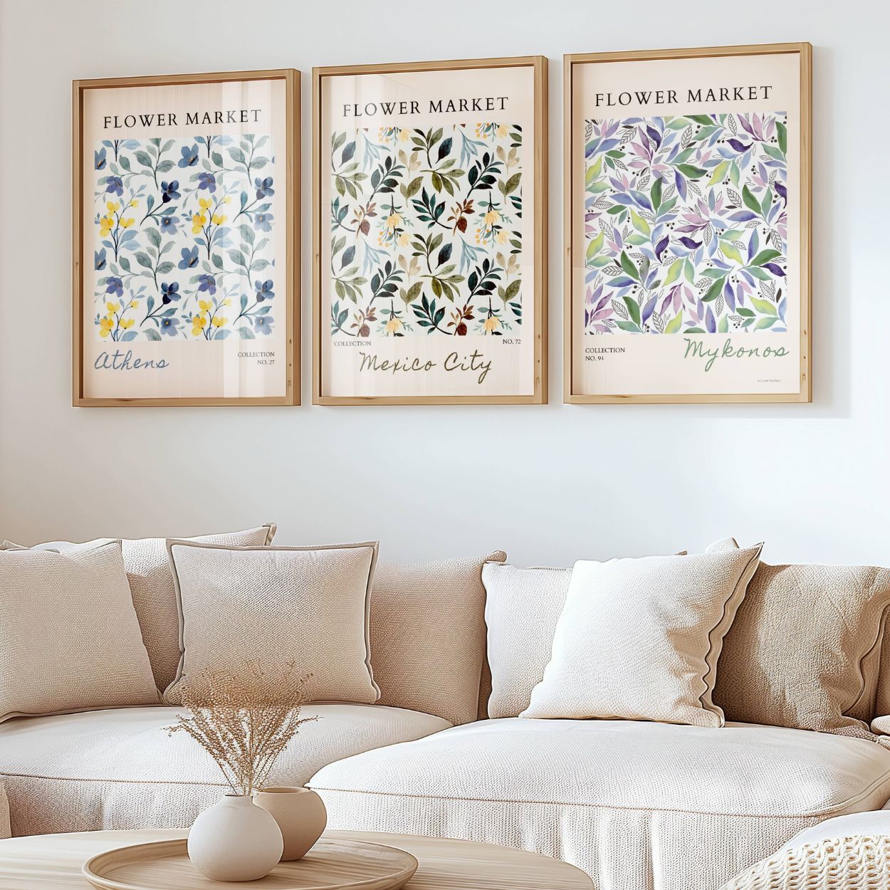 Set of 3 Blue Flower Market Prints