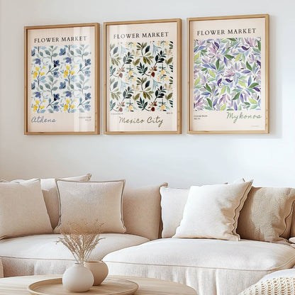 Set of 3 Blue Flower Market Prints