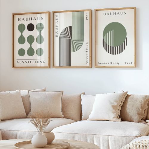 Set of 3 Green Circles, Dots & Abstract Bauhaus Prints