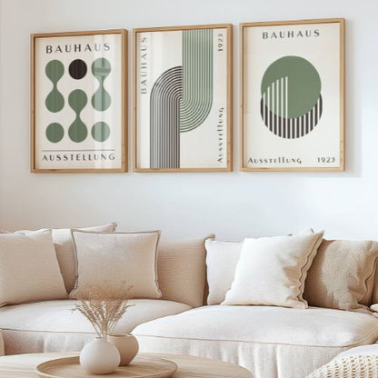 Set of 3 Green Circles, Dots & Abstract Bauhaus Prints