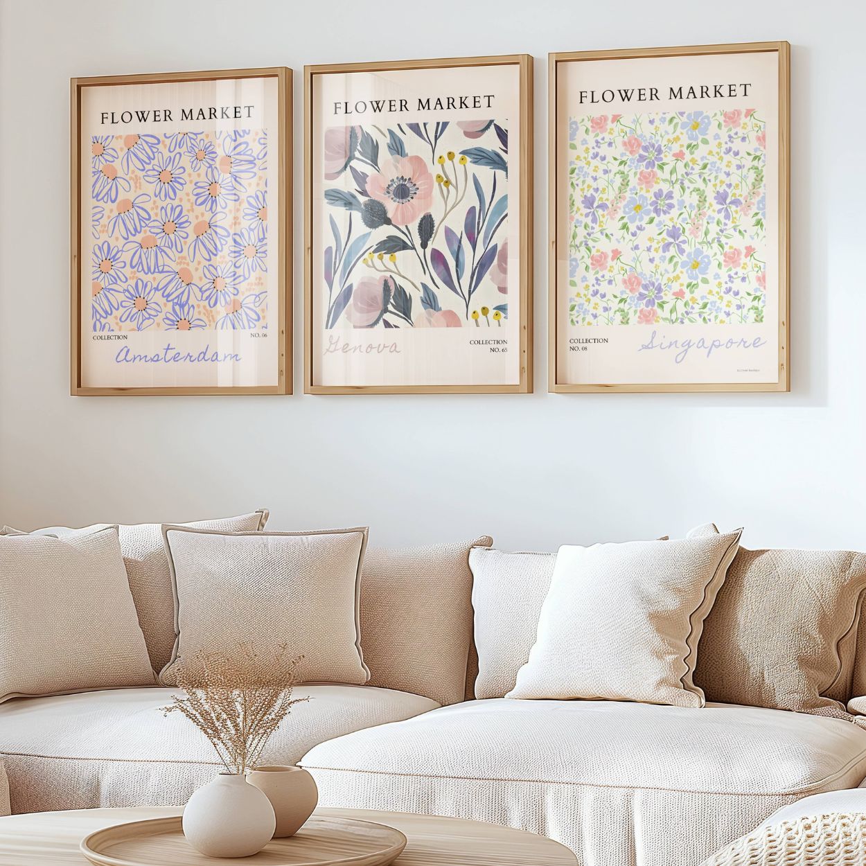 Set of 3 Blue Flower Market Prints