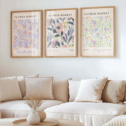 Set of 3 Blue Flower Market Prints