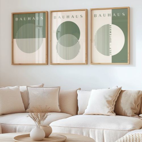 Set of 3 Green Circles & Stripes Bauhaus Prints