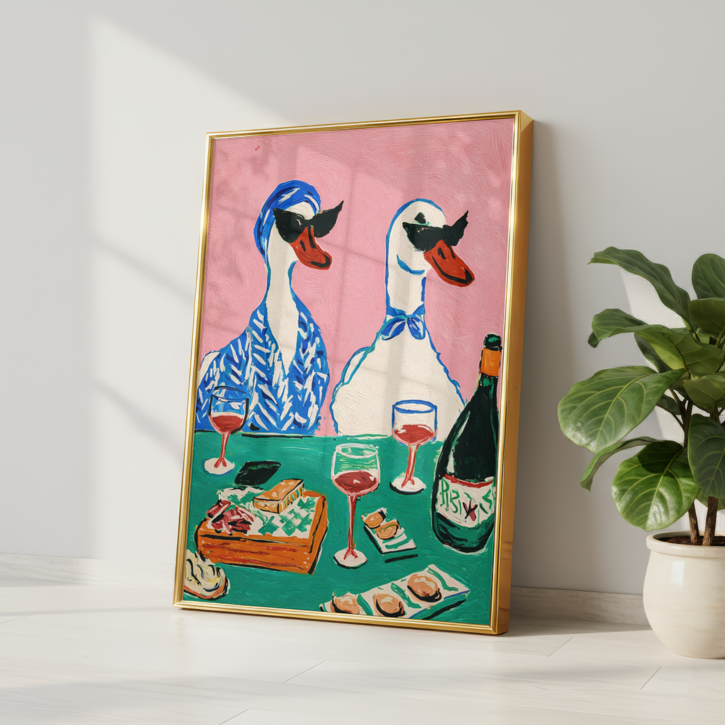 Funny Ducks Drinking Wine Wall Art Print