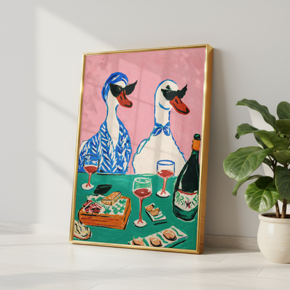 Funny Ducks Drinking Wine Wall Art Print
